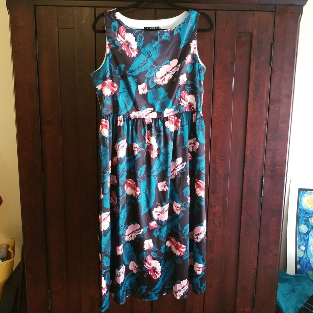 Black Midi Dress with Teal and Pink Flower Design